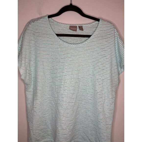 CHICO'S Striped Short Slv Knit Top Womens XL (3) Aqua White Knit Stretch - Picture 1 of 6